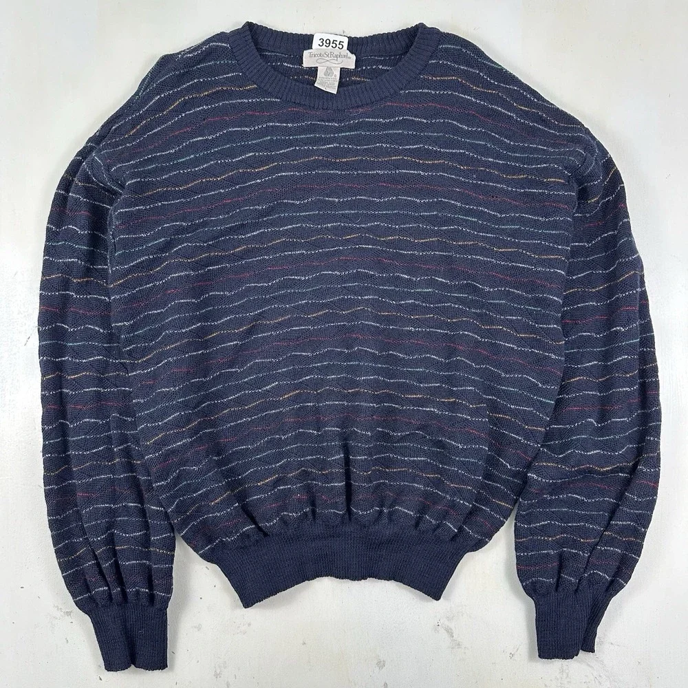 Vintage Tricots St‎ Raphael Grandpa Sweater Mens Large Merino Wool Blue Colorful
